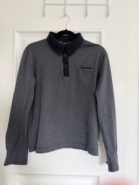 Boss Men's Long-Sleeve Polo in Charcoal with Black Collar